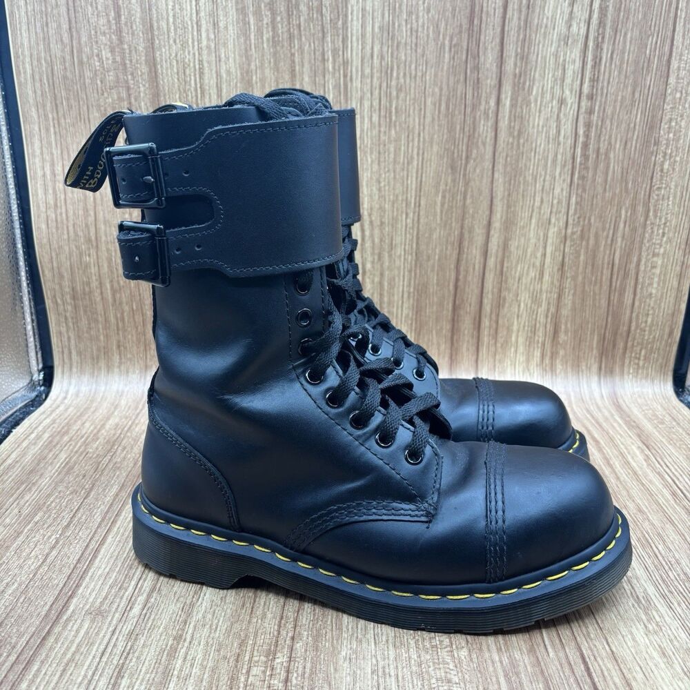 Dr Martens Caden Combat Boot Steel Toe Tall Black Leather Double Buckle US 8